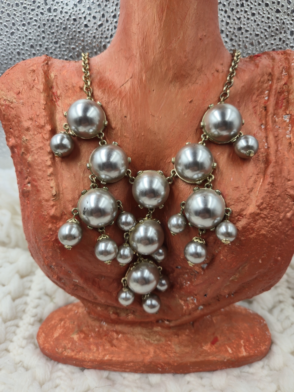 Gold-Tone Silver Pearl Statement Bib Necklace